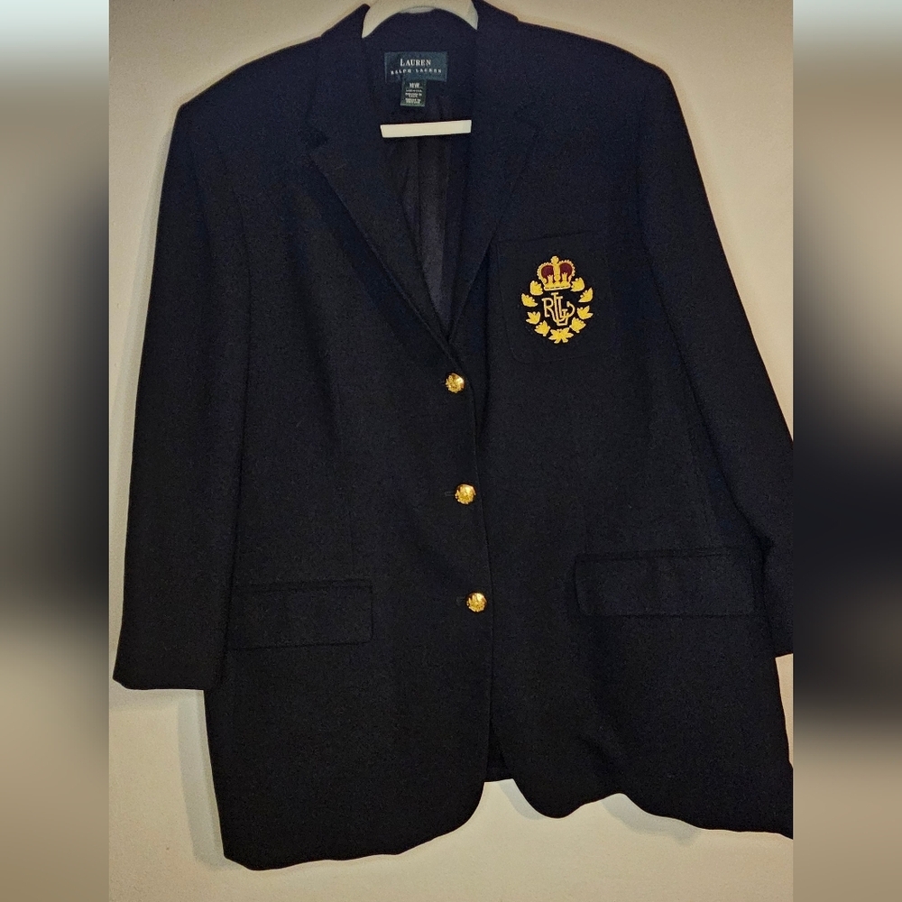 Ralph Lauren Vintage Black Wool Blazer 18  Gold Crest Buttons Bullion Crest Chic - Picture 3 of 10